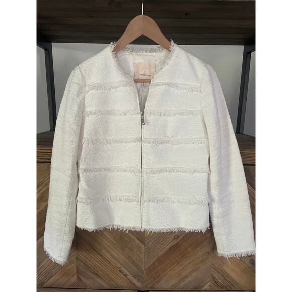 Rebecca Taylor Tweed Fringe Crop Zip Blazer White Sz 2 - Picture 1 of 6